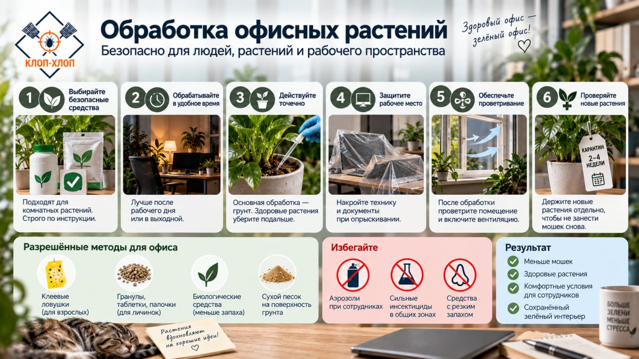 Особенности обработки офисных растений: безопасность сотрудников и сохранение зелёного интерьера